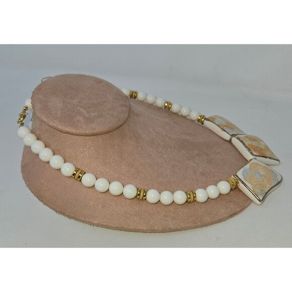 Vintage White Beaded Porcelain Tile Statement Chunky Bib Necklace 20" - Picture 4 of 9